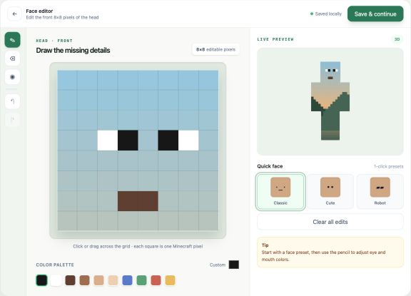 Adding eyes and a mouth with the 8x8 Minecraft face editor
