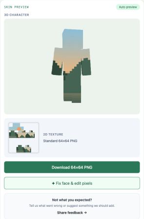 Minecraft skin 3D preview after converting an image